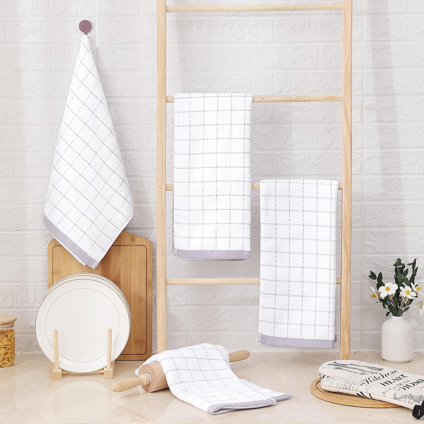 Homaxy 100% Cotton Terry Kitchen Towels(White, 13 x 28 inches), Checkered Designed, Soft and Super Absorbent Dish Towels, 8 Pack