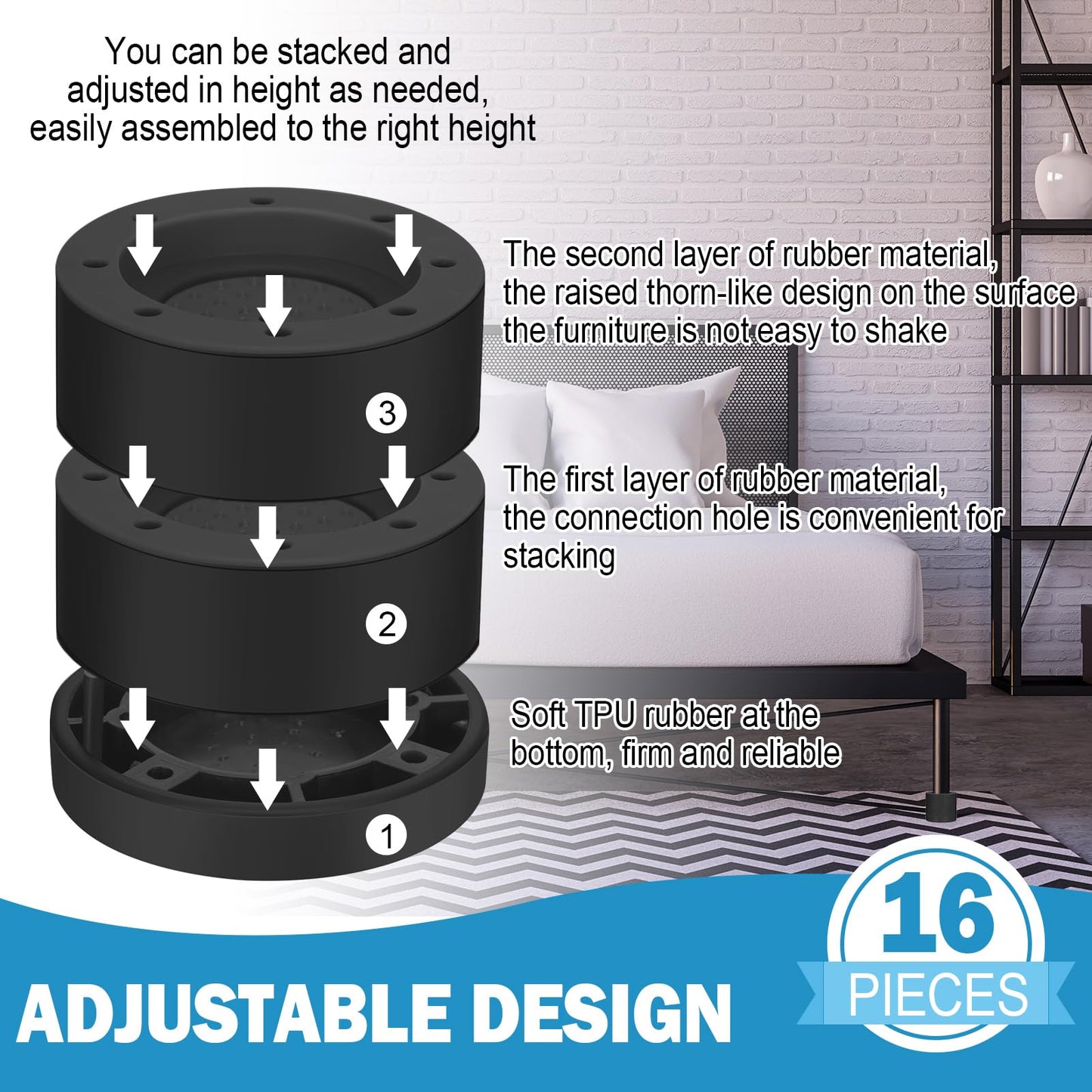 Treela 16 Set Furniture Bed Risers Adjustable Bed Risers Lifts Height 0.5" 1" 1.4" 2.4" or 5.3" Stackable Heavy Duty Furniture Height Extenders Lifts for Desk Table Chair(Black)