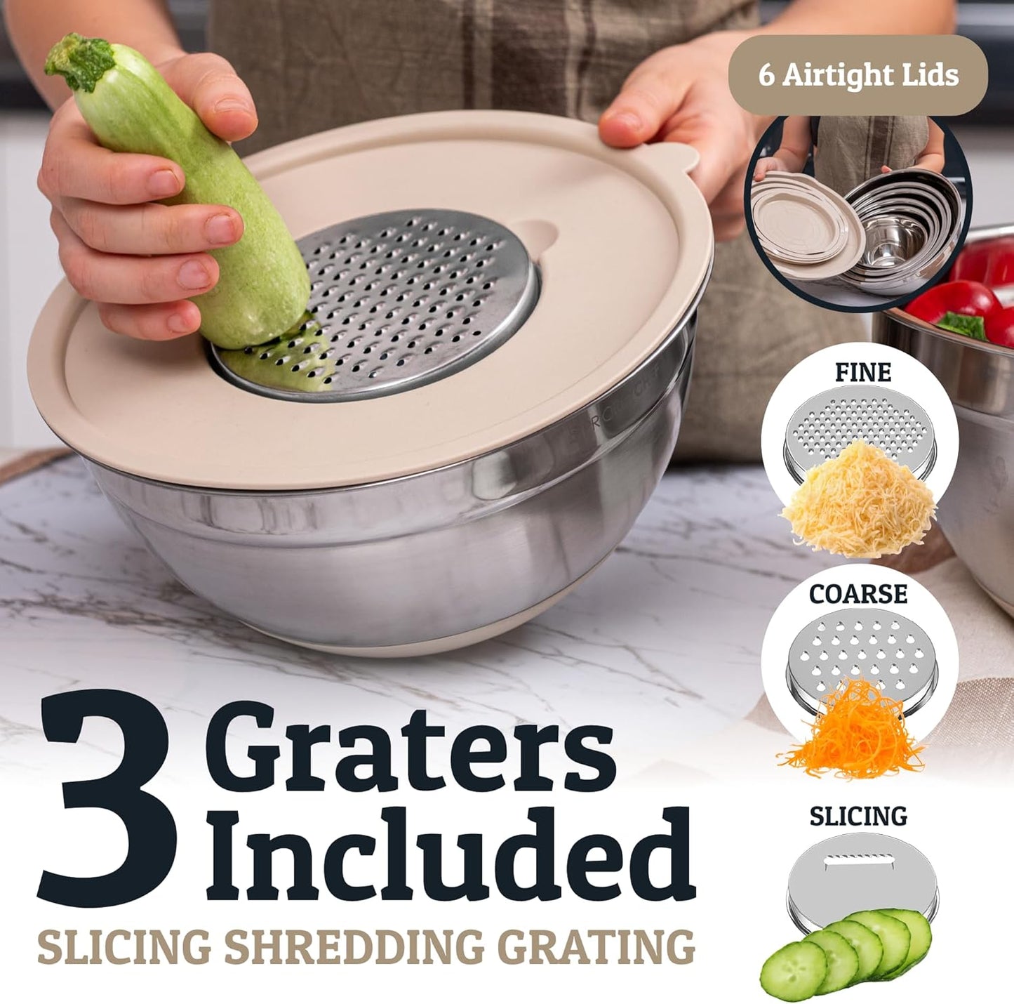 Priority Chef 6-Piece Stainless Steel Mixing Bowls Set - Non-Slip Bases & Airtight Lids | Khaki