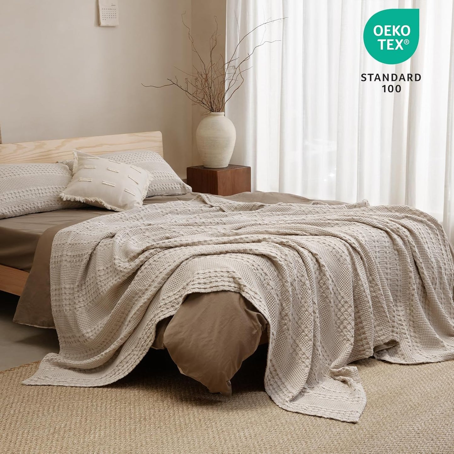 PHF 100% Cotton Waffle Weave Blanket - Soft, Lightweight & Breathable Queen Size | Light Taupe/Oatmeal, All-Season Comfort