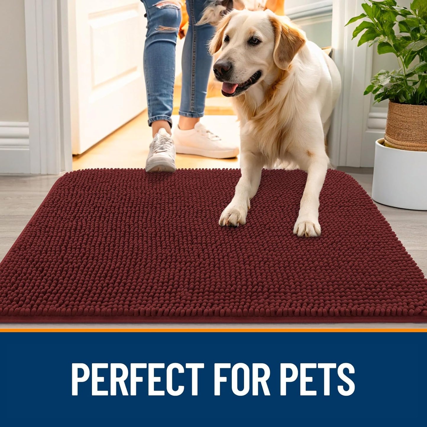OLANLY Dog Door Mat - Absorbent Non-Slip Washable Doormat for Muddy Paws | 36x24, Quick Dry Chenille, Caramel Russet