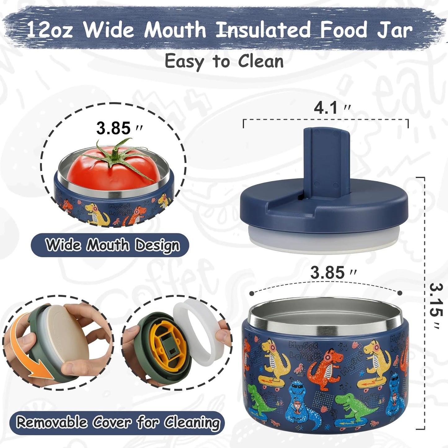 Pawtong Insulated Vacuum Food Jar - Leakproof Stainless Steel Lunch Container for Kids | 12oz Blue Dinosaur