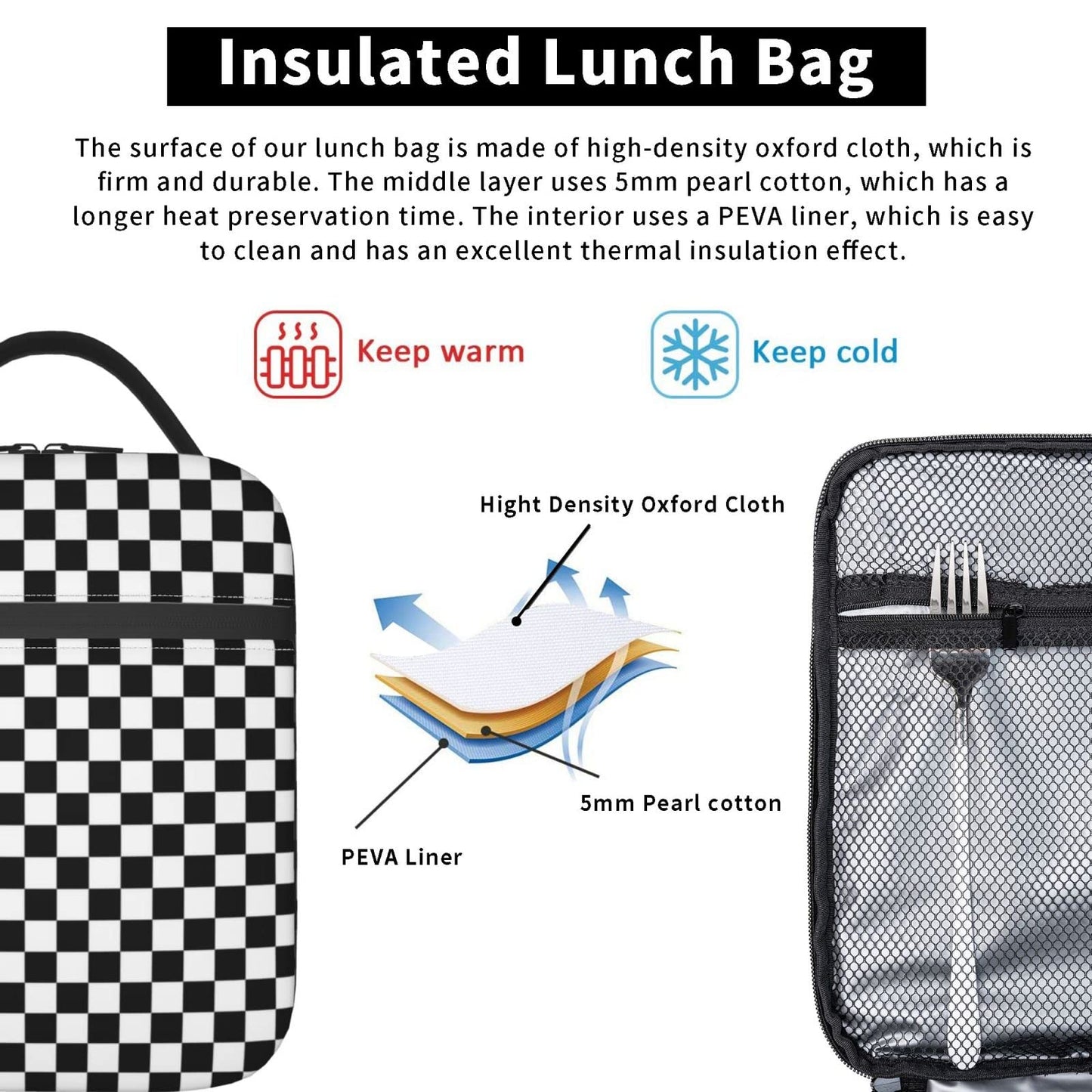 NKHFNBIO Black White Checkerboard Insulated Lunch Box Bag Portable Lunch Tote For Women Men And Kids