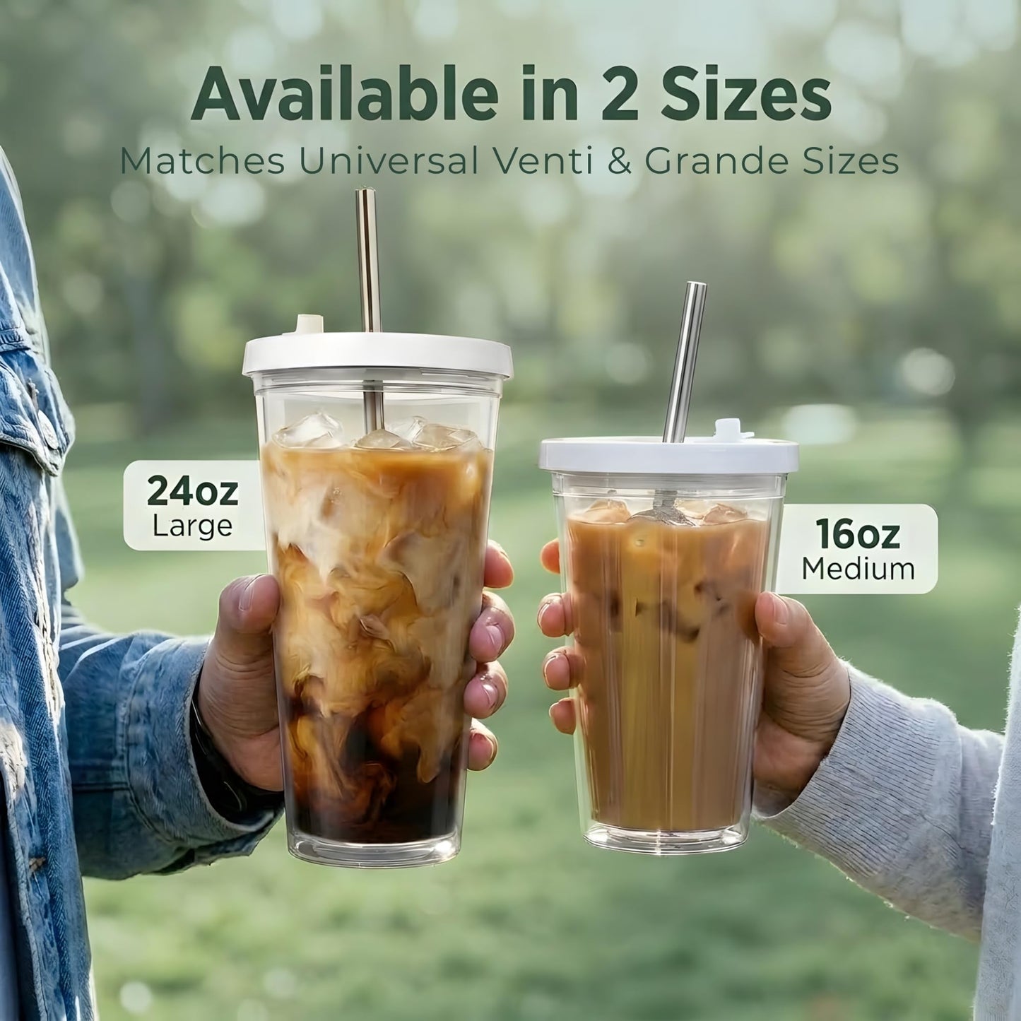 Kensal Home Reusable Iced Coffee Cup (24 Oz/Venti), Leak Proof and Double Wall Insulated Iced Coffee Tumbler, Come with Reusable Plastic and Metal Straws and Straw Cleaner - White