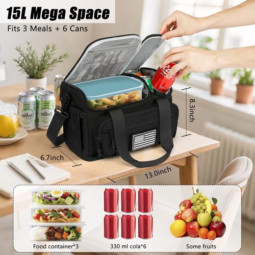 ETRONIK Tactical Lunch Bag - 15L Insulated Cooler with Hot/Cold Compartments | Fits 3 Meals + Snacks, Black