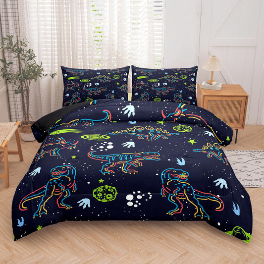 NINENINE Dinosaur Bedding Sets for Boys Kids,Dark Blue Retro Dinosaur Comforter Set,Queen Size Comforter Sets for Kids,with 1 Comforter 2 Pillowcases
