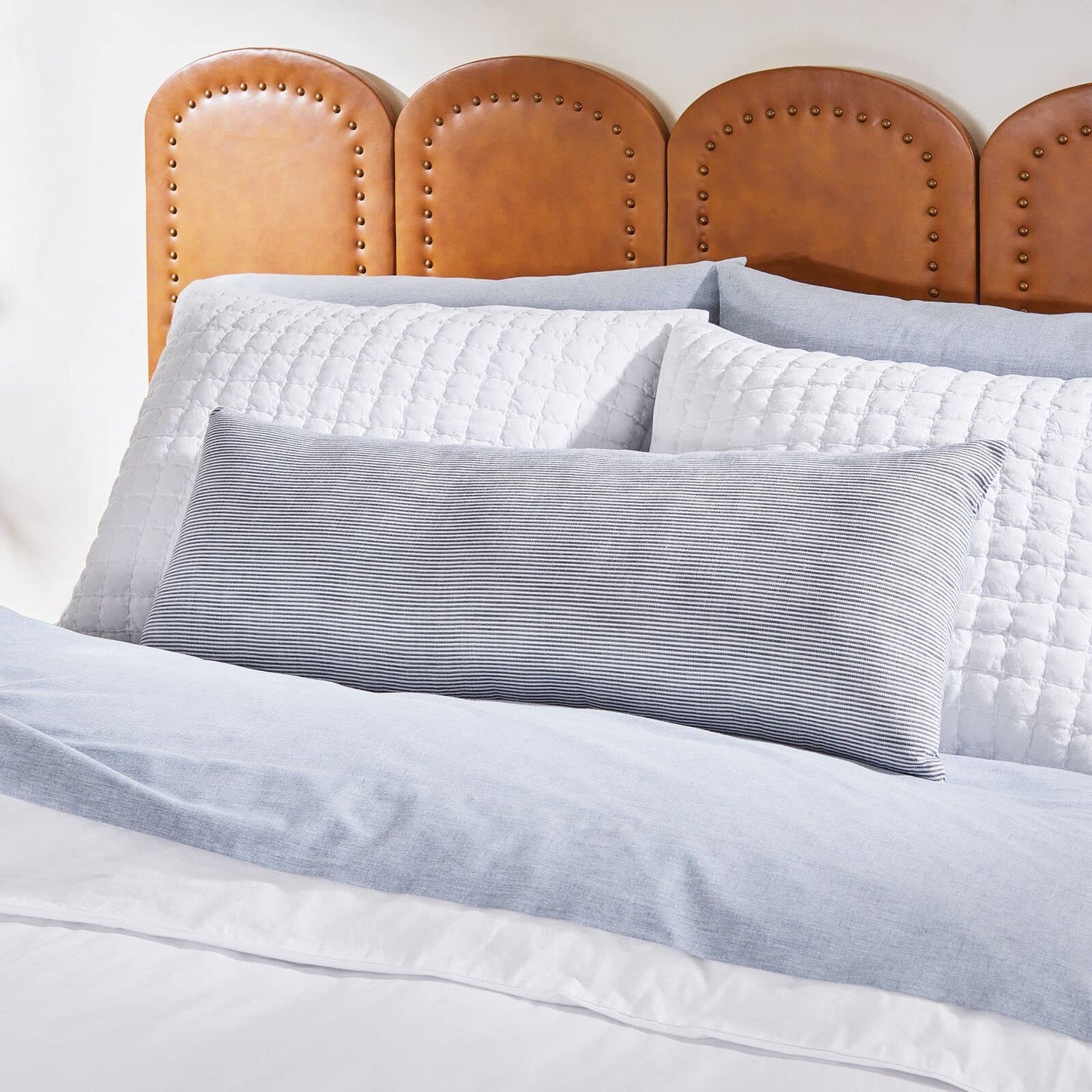 Nate Home by Nate Berkus Textured Cotton Stripe Decorative Throw Pillow | Cushion, Modern Decor for Couch, Chairs, or Bedroom from mDesign - Oblong Size 14" x 36", Natural/Night (Navy Blue)