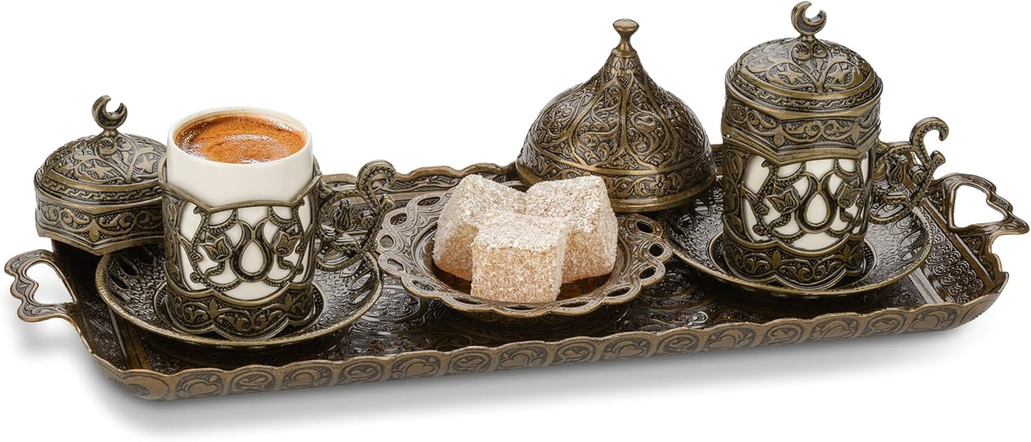 Alisveristime Ottoman Turkish Greek Arabic Espresso Coffee Cups with Saucer and Lid (Set of 2) (Hilal) (Silver)
