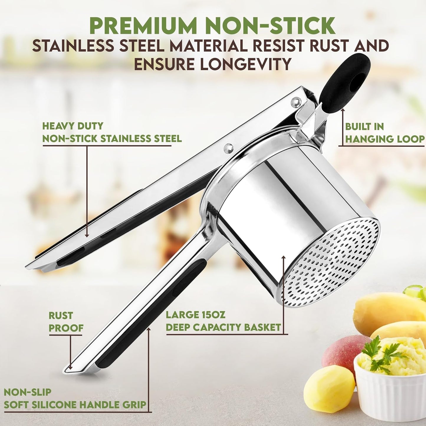 Skiennix 15oz Potato Ricer - Heavy Duty Stainless Steel Masher with 3 Discs | Non-Slip Baby Food Squeezer