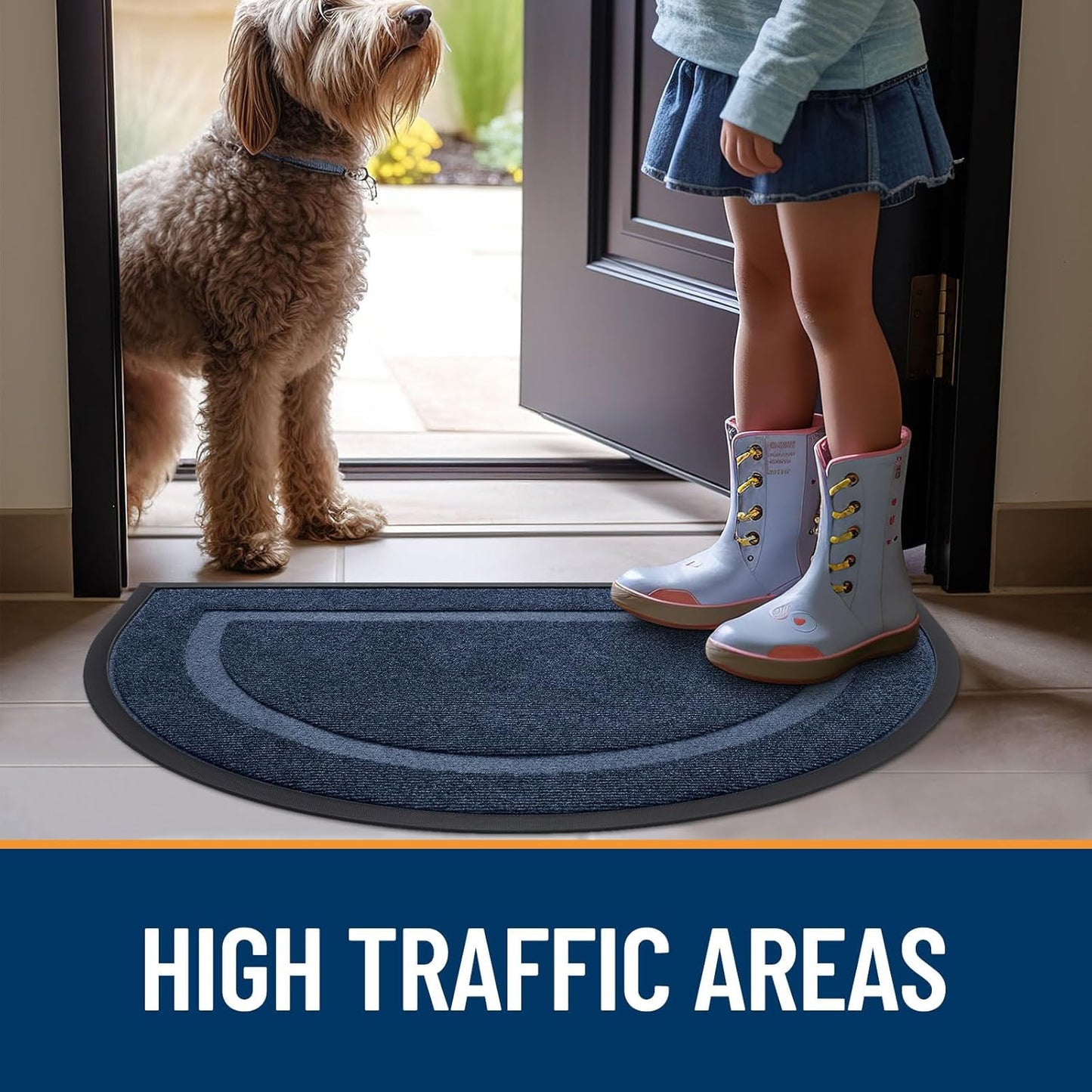 OLANLY Half Circle Door Mat - Waterproof All-Season Doormat for Indoor/Outdoor Use | 29.5x17, Blue