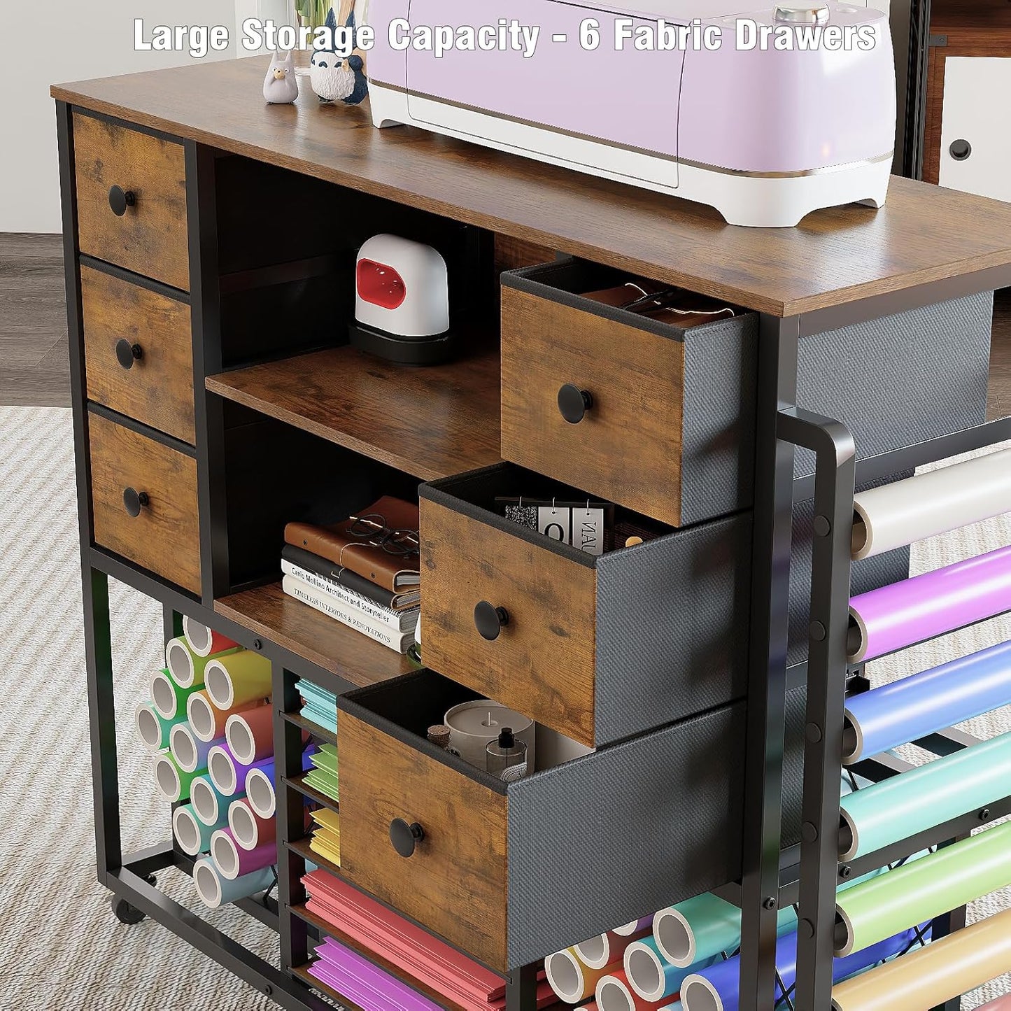 VENNQD Craft Cart - Cricut-Compatible Table with Charging Station & 48 Vinyl Roll Holders | Rustic Brown