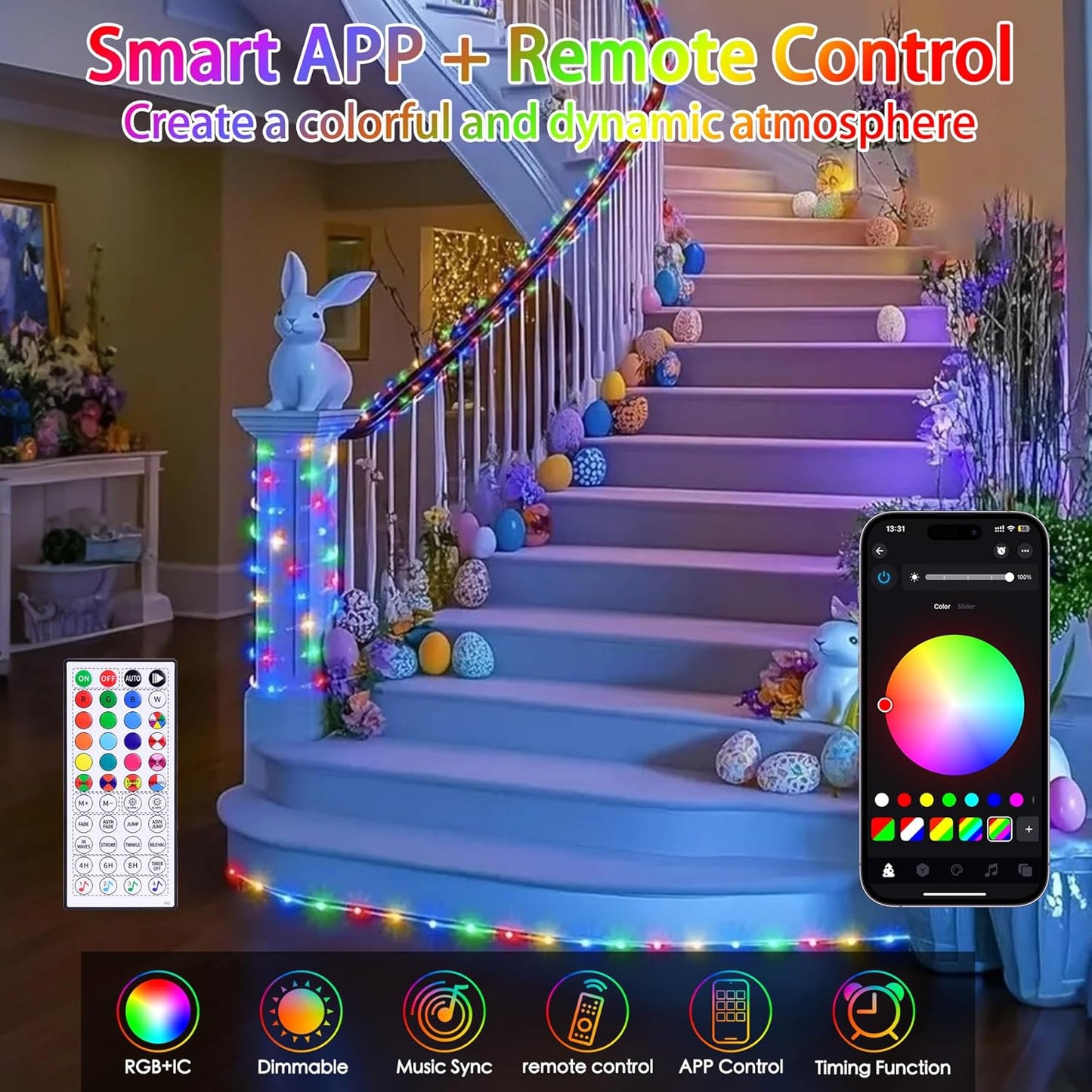Skiennix 66ft LED Rope Lights - Waterproof Outdoor String Lights with Remote & APP Control | 16 Million Colors, Music Sync