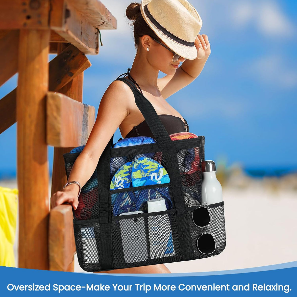 Skiennix Mesh Beach Bag - Large 8-Pocket Tote for Vacation Essentials | Stylish & Functional
