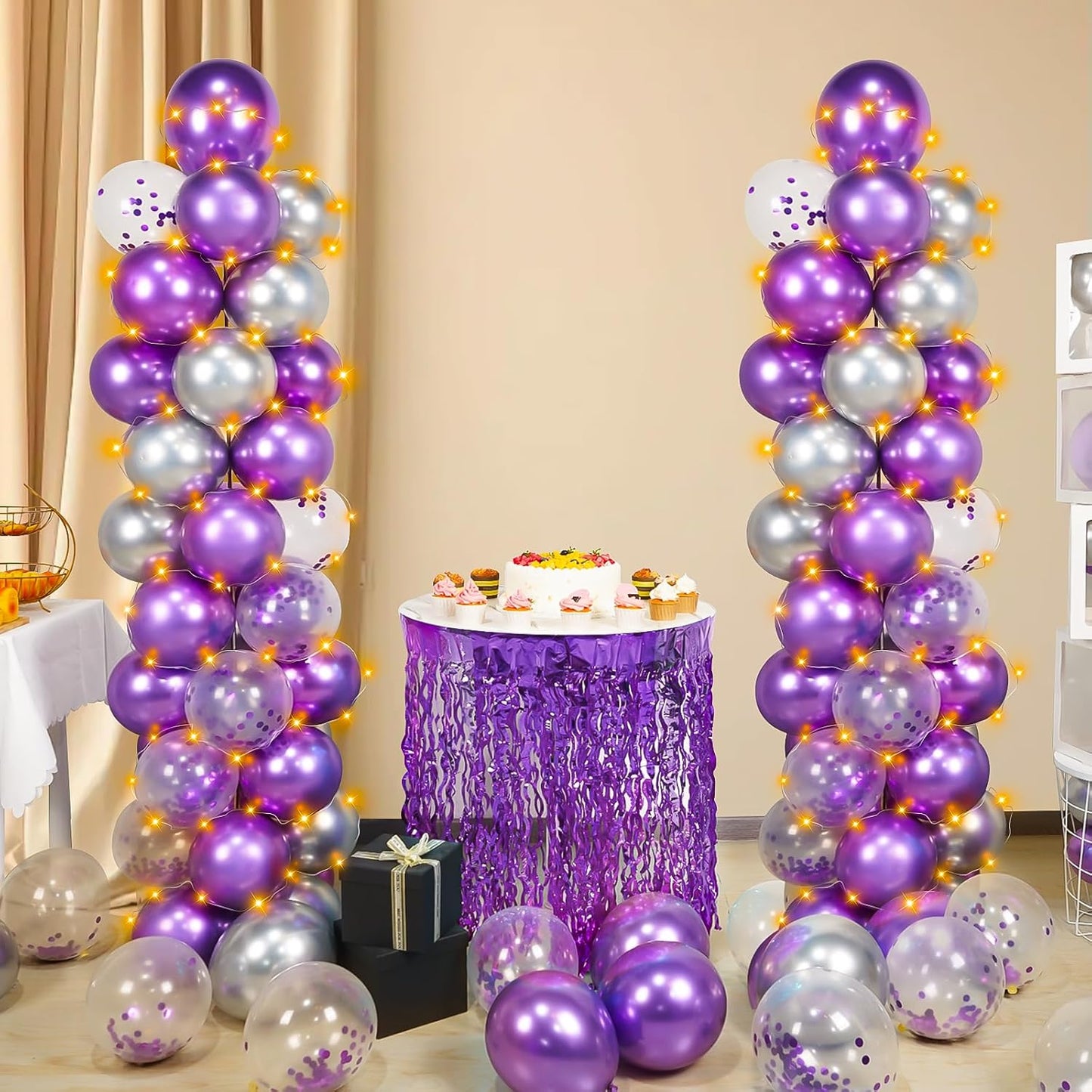 Skiennix Balloon Column Stand Kit - Adjustable 7 Feet Height with Balloons & String Lights | Purple Party Decor