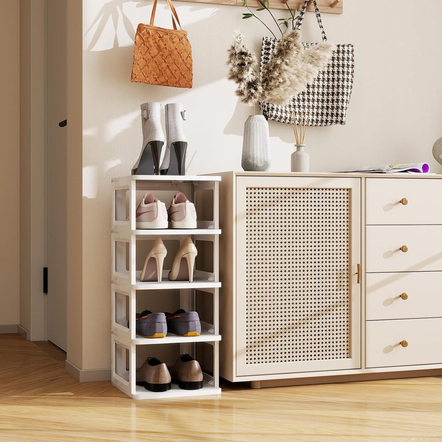 SEE SPRING 5-Tier Stackable Shoe Rack Organizer - Durable Plastic Storage Shelf for Entryway & Closet, Fits Size 13 Shoes (White)
