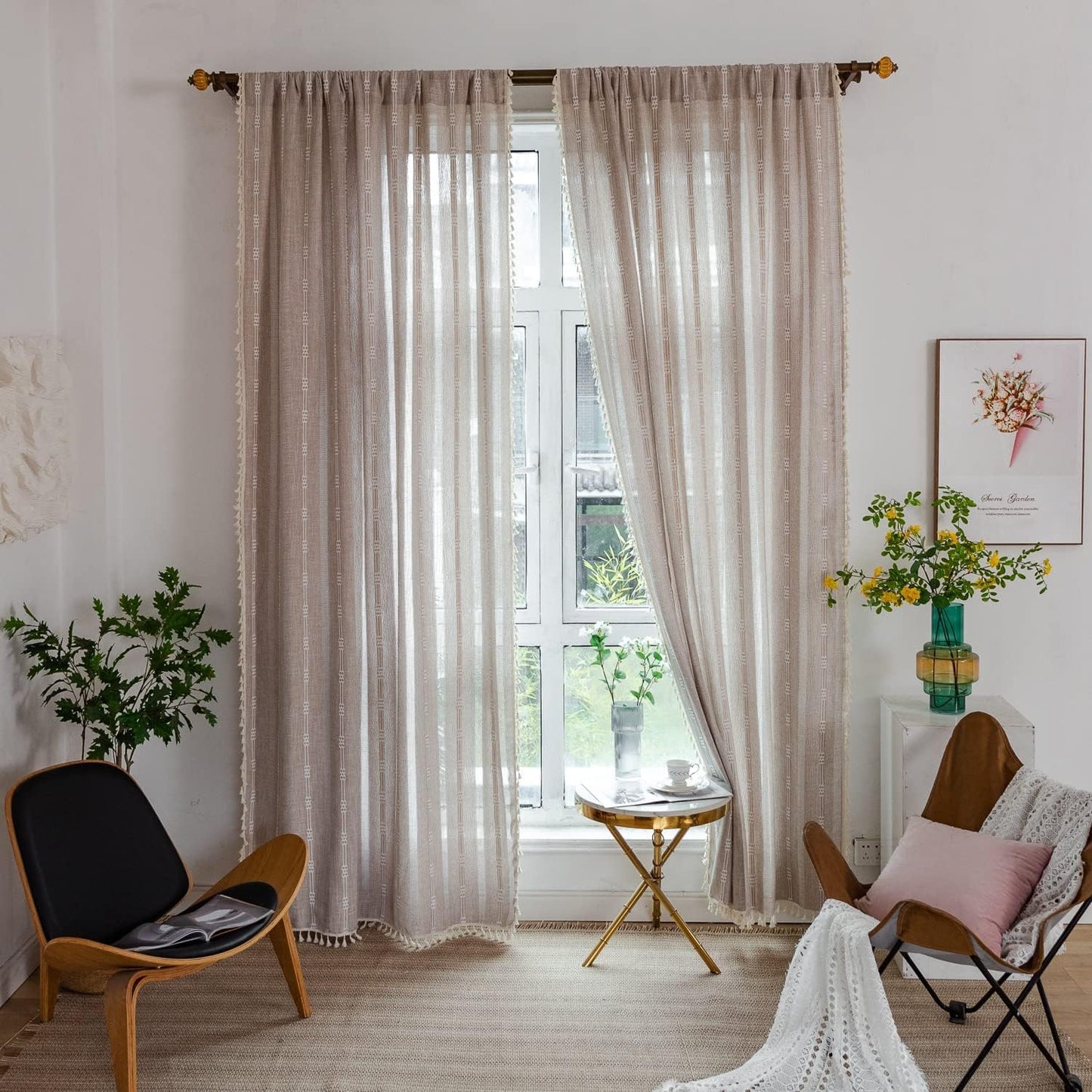 Linen Curtains 108 Inches Long for Living Room 2 Panels Set, Embroidery Farmhouse Tassel Boho for Bedroom Light Filtering Window Rod Pocket Drapes (52" W x 108" L, Khaki)