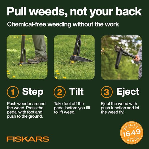 Fiskars Stand-Up Weed Puller Tool - 4 Serrated Stainless Steel Claws for Easy Root Removal | 39" Length