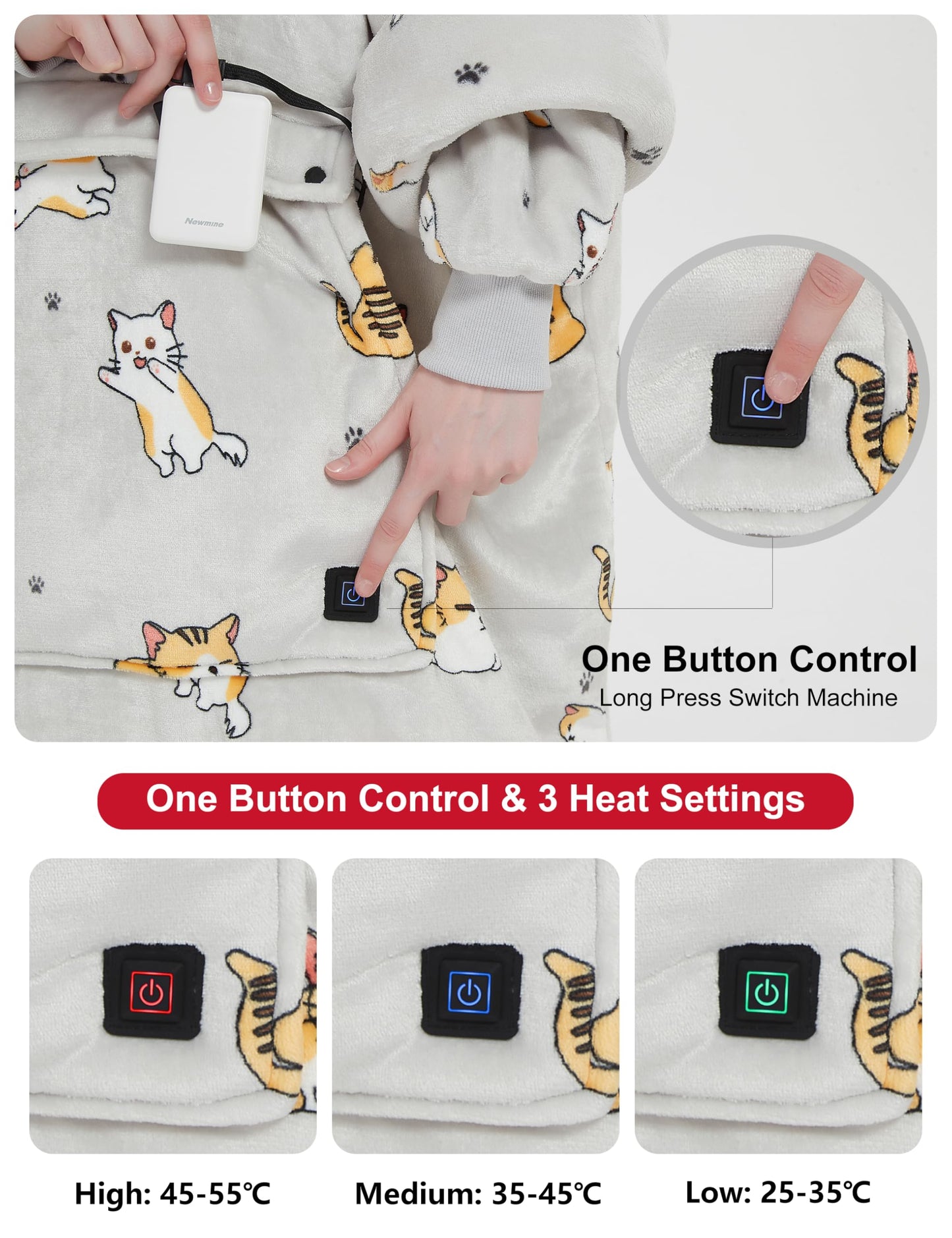 KFUBUO Heated Electric Wearable Blanket Throw Battery Operated Portable USB Cordless Outdoor Hoodie Sweatshirt (Heated Blanket Cats)