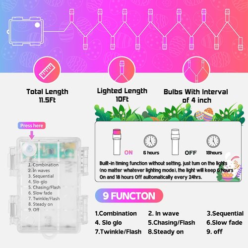 30 LED Easter String Lights - 11.5Ft Pastel Battery Mini Lights with 8 Modes & Timer | Waterproof Fairy Lighting for Home & Party Decor