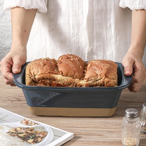 HVH Ceramic Loaf Pan - 9 x 5 Inch Rectangular Baking Dish for Farmhouse Style Bread (Blue)