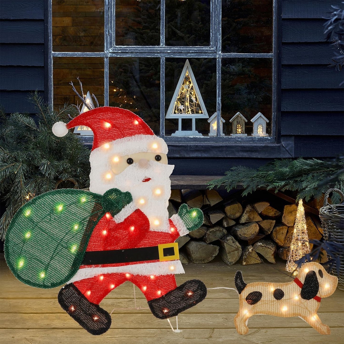 Waterglide Lighted Christmas Santa Claus - 26.5 Inch Pre-Lit Tinsel Decor with Puppy for Outdoor Holiday Display