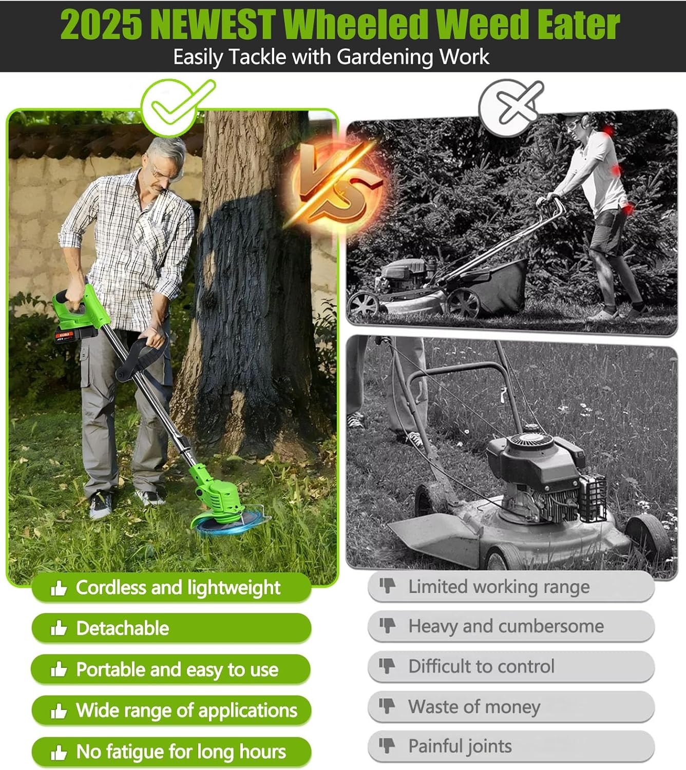 Skiennix Cordless Weed Wacker - 21V Electric Grass Trimmer with 2 Batteries & 4 Blades | Lightweight & Versatile for Yard Care (Green)