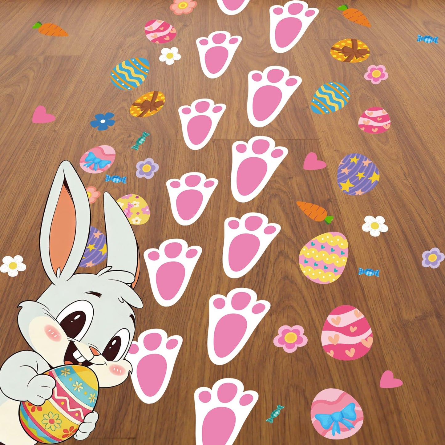 GULWAT 299 PCS Easter Bunny Footprints Stickers for Floor, Cute Rabbit Footprints for Easter Hunting Games Bunny Paw Prints Floor Decals Clings Flower Carrot Holiday Party Home Wall Window Decorations