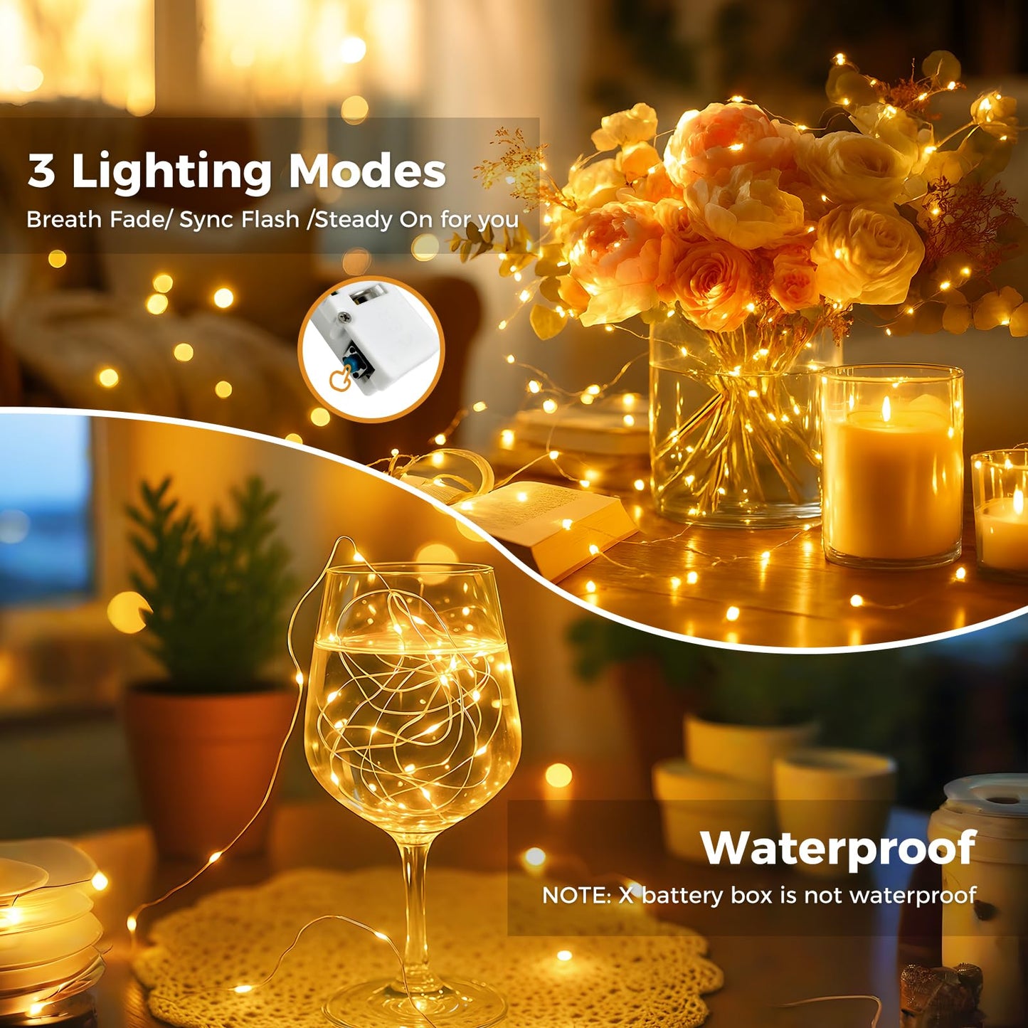 litogo 12 Pack Yellow Fairy Lights Battery Operated with Timer, 20 LED 3 Modes Twinkle Light, 7ft Waterproof Silver Wire Mini Small Bulk Mason Jar String Light, Decor for Wedding Party Christmas
