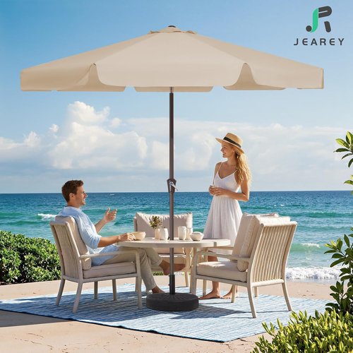 JEAREY 9 FT Patio Umbrella - Outdoor Market Umbrella with Push Button Tilt & Crank - Beige