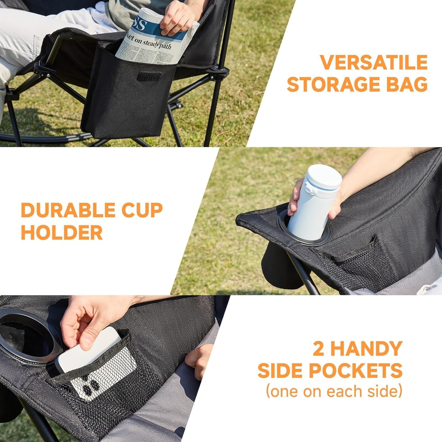 Youtanic Oversized Folding Rocking Camping Chair - Padded Portable Design with Cup Holder & Pockets | Heavy Duty Up to 400lbs, Gray