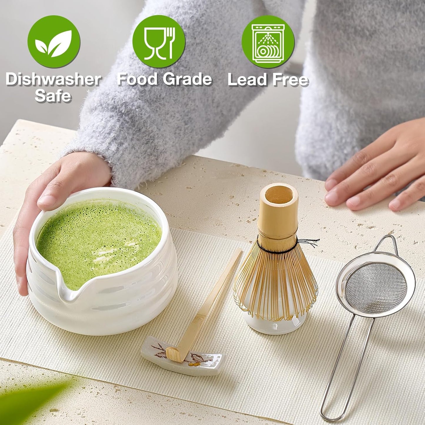 Matcha Whisk Set - Japanese Tea Set (5pcs) with Bowl, Bamboo Whisk, Scoop & Sifter