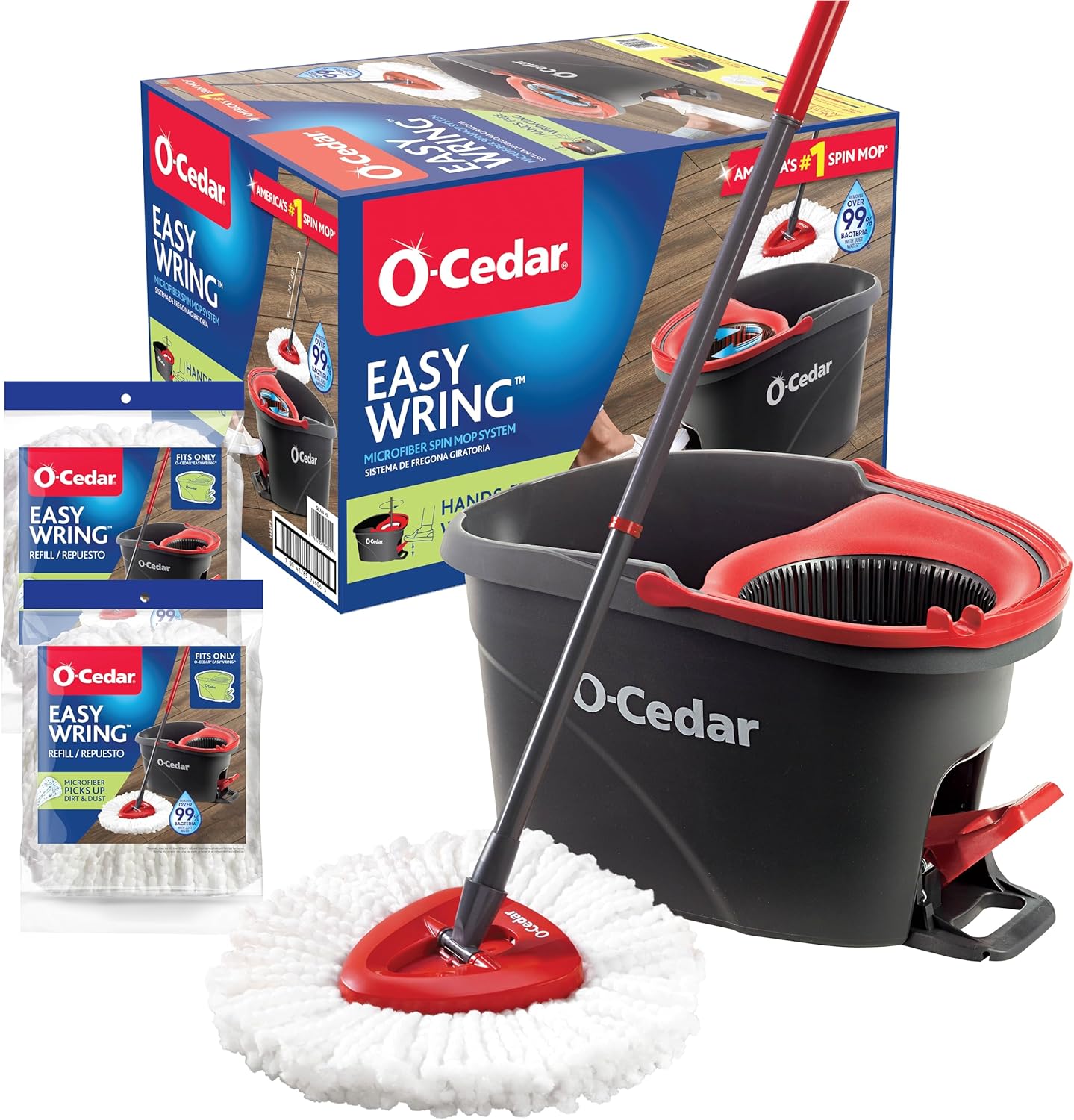 O-Cedar EasyWring Microfiber Spin Mop System - Includes 2 Extra Refills | Red and Gray