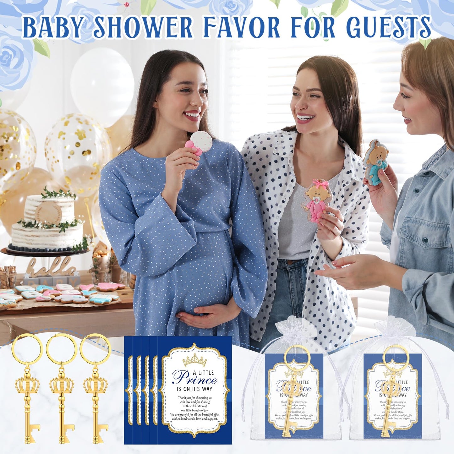 Ferreve 50 Sets Baby Shower Bottle Opener Favors Included Bottle Opener Keychain Crown Charms Keychain Thank You Cards Organza Bags Baby Shower Return Gifts for Guests (Classic)
