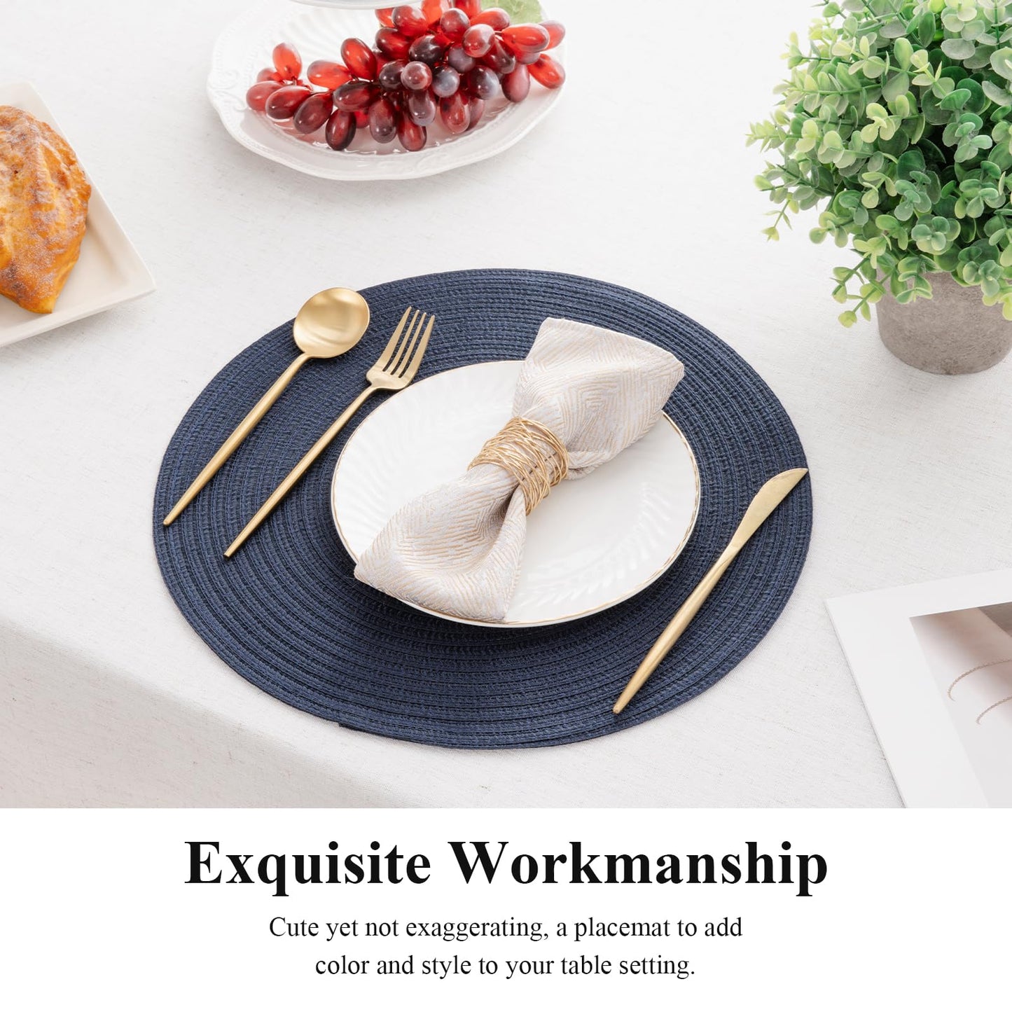 SHACOS 15 inch Round Placemats Set of 12 for Dining Table Braided Circle Place Mats Kitchen Table Placemat Washable Table Mats, Navy Blue