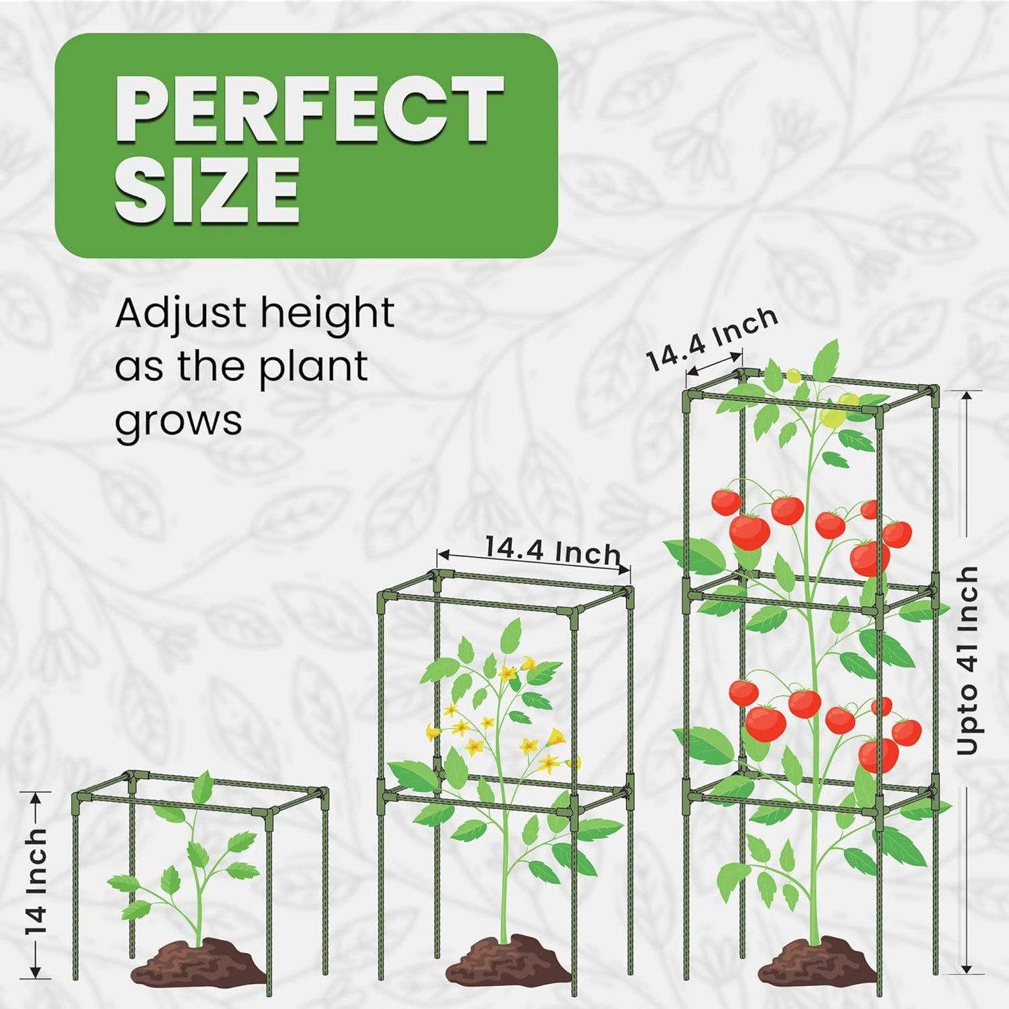 Square Tomato Cage - Durable Plant Support for Vegetables & Climbing Plants | 3 Pack - Up to 41” Tall