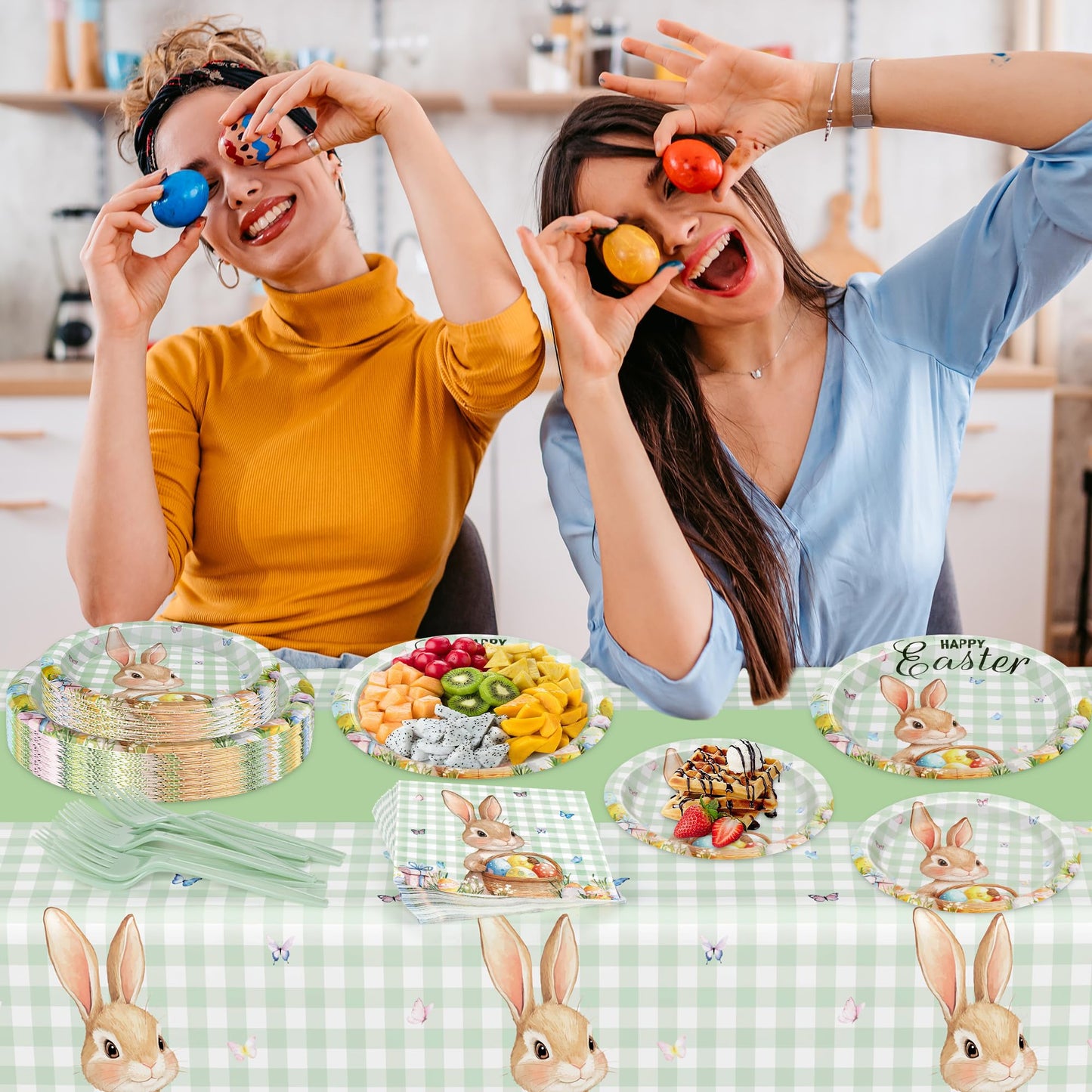 122 Pcs Easter Plates and Napkins Set, Disposable Bunny Eggs Dinnerware Easter Decorations, Sage Green Paper Plates, Napkins, Fork and Tablecloth for Spring Celebrations Party Favors, Serve 30 Guests