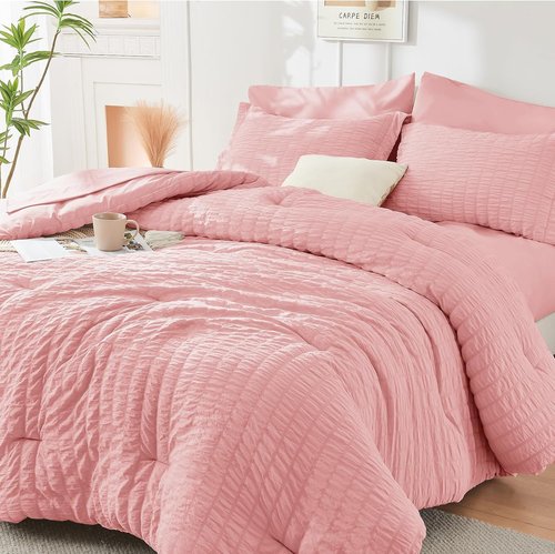 HYMOKEGE Twin Comforter Set - Rose Pink Seersucker 5-Piece Luxury Bedding Set for All Seasons