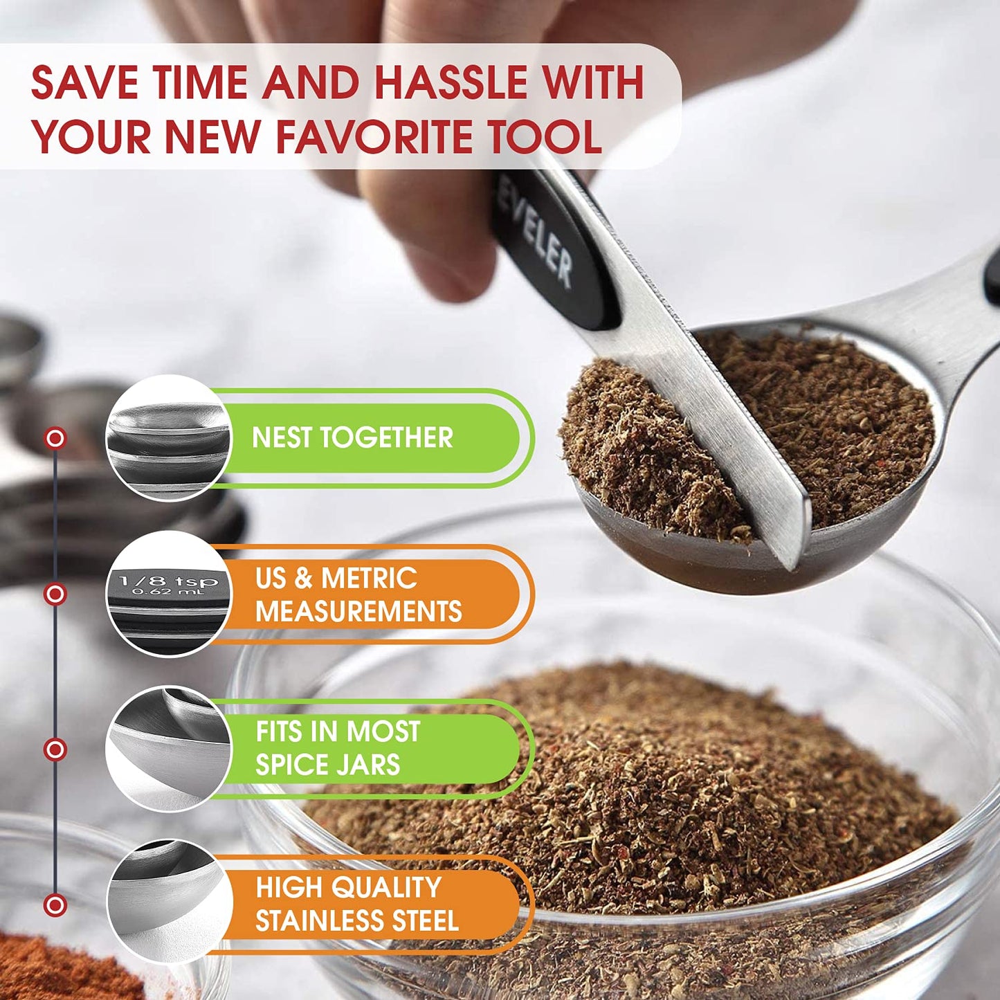 Spring Chef Magnetic Measuring Spoons Set, Dual Sided, Stainless Steel, Fits in Spice Jars, White, Set of 8, 2 Pack