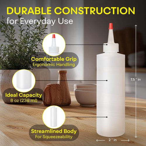 Condiment Squeeze Bottles, 8 OZ Empty Squirt Bottle, Red Top Cap, Leak Proof - for Ketchup, Mustard, Syrup, Sauces, Dressing, Oil, Arts & Crafts, BPA FREE Plastic - Perfect for Kitchen - 2 PACK