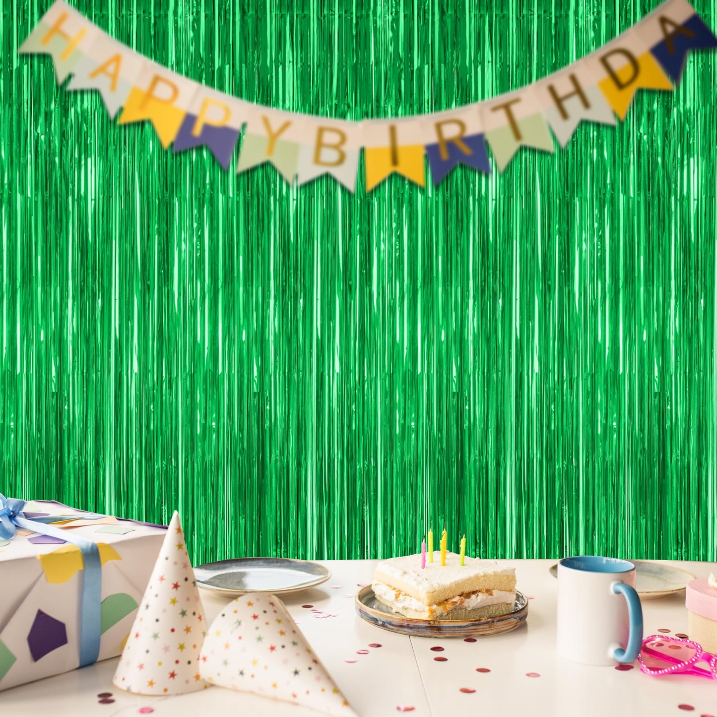 4 Pack Green Streamers, 3.28 FT x 7.05 FT Birthday Tinsel Backdrop, Metallic Foil Fringe Curtains Photo Booth Backdrop, Green Jungle Theme Decorations Birthday Decor