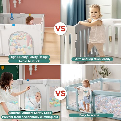 Cherrysea Baby Playpen - Large Anti-Fall Safety Play Center with Gate & 30 Ocean Balls | Sturdy Toddler Fence