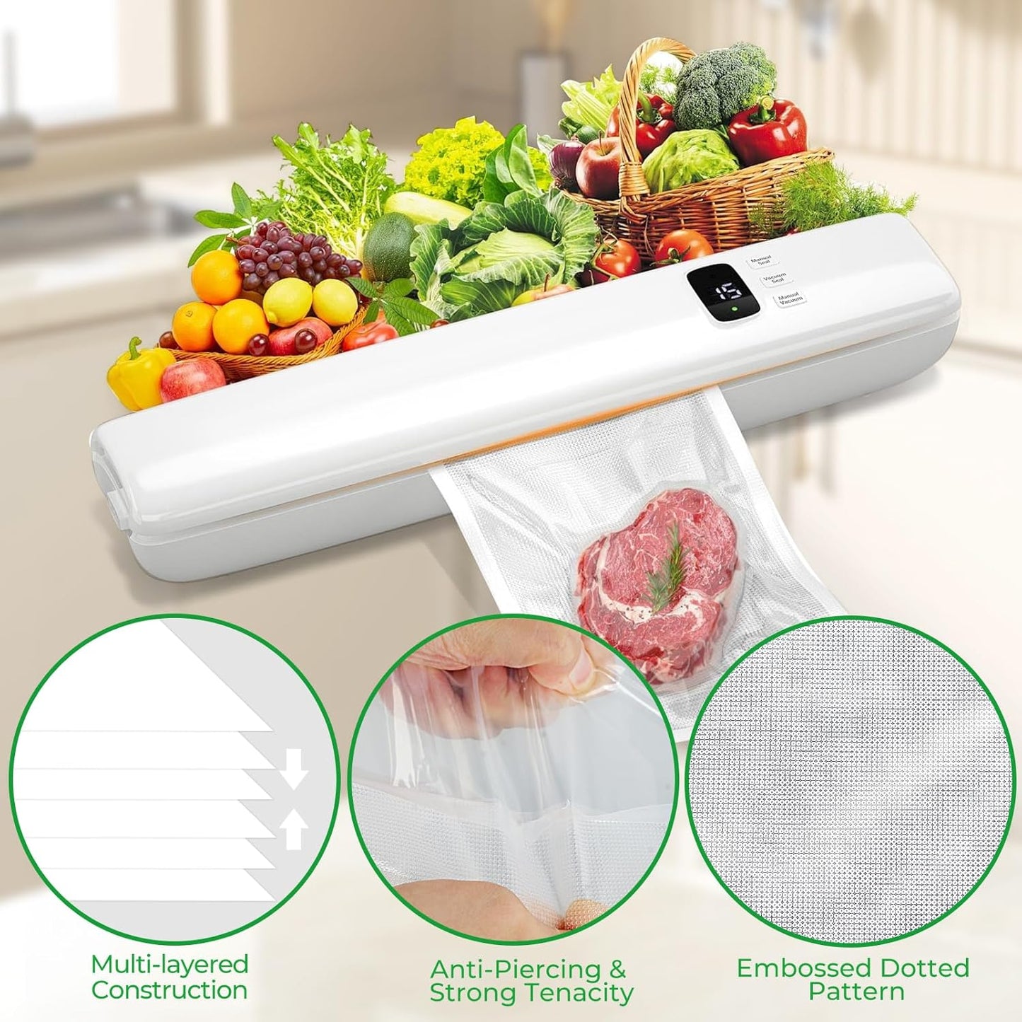Skiennix Vacuum Sealer Bags - 50 PCS Heavy Duty 6" x 10" BPA-Free Textured Bags for Food Storage & Sous Vide Cooking