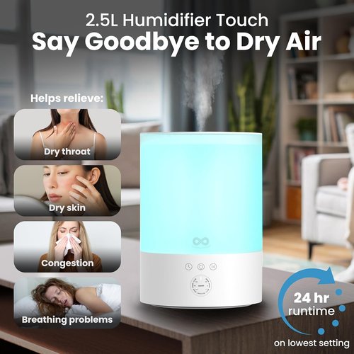 Everlasting Comfort 2.5L Top Fill Humidifier - Quiet Ultrasonic Cool Mist, 24HR Runtime, Night Light & Timer | Easy to Clean - White