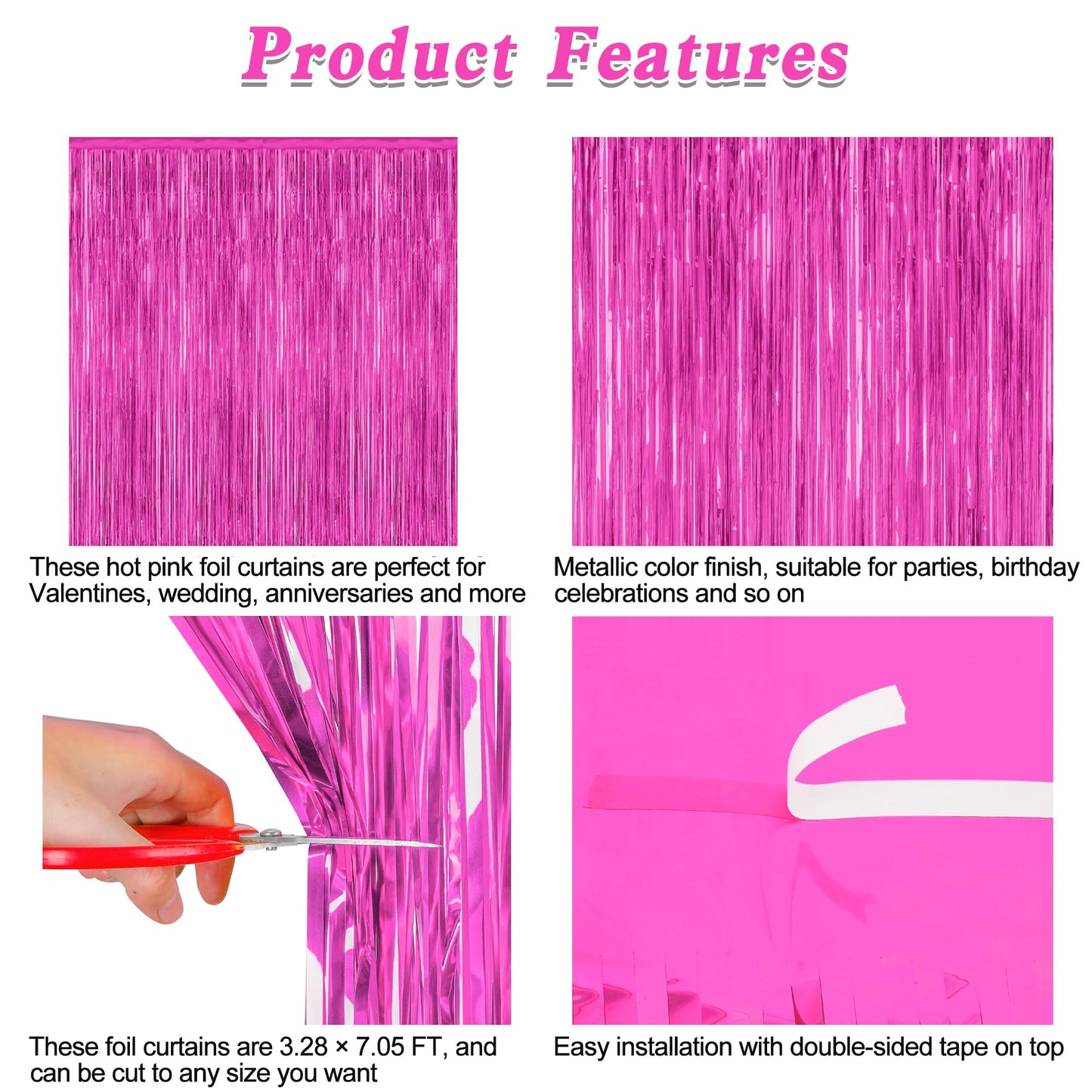 2 Pack Hot Pink Party Decorations, 3.28 FT x 7.05 FT Hot Pink Backdrop, Metallic Rose Red Photo Backdrop Foil Curtains Tinsel Backdrop, Metallic Pink Party Decor Wedding Party Supplies