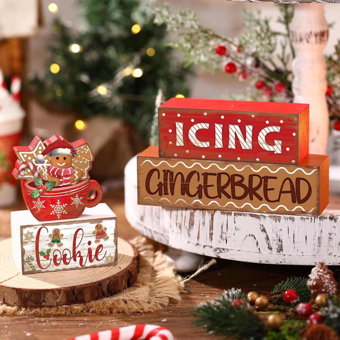 Moucuny Christmas Gingerbread Man Table Sign - 4 Pcs Wooden Decorative Set for Festive Home Decor