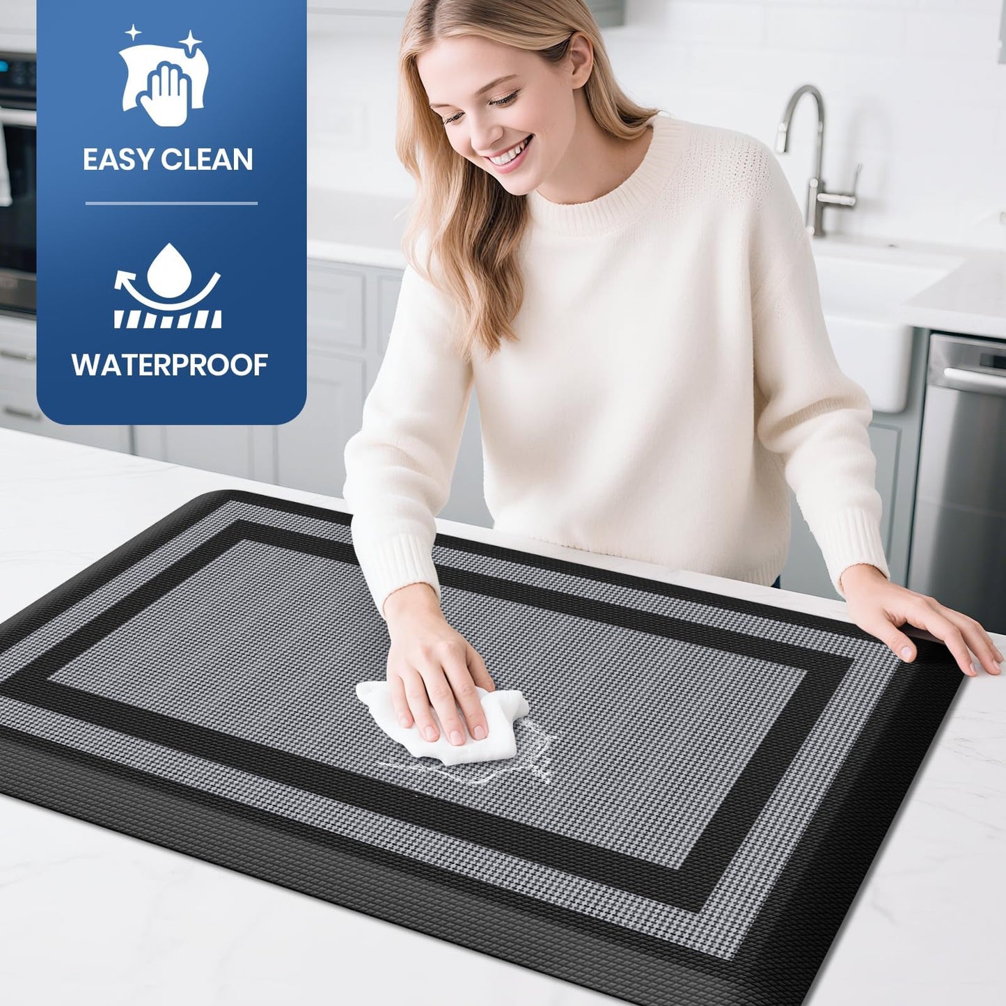 KitchenClouds [2 PCS] Kitchen Rugs Cushioned Anti-Fatigue Kitchen Mats for Floor Waterproof Kitchen Rug Set Non-Slip Comfort Standing Mat for Office, Sink, Laundry 17.3"×28"+17.3"×60",Black