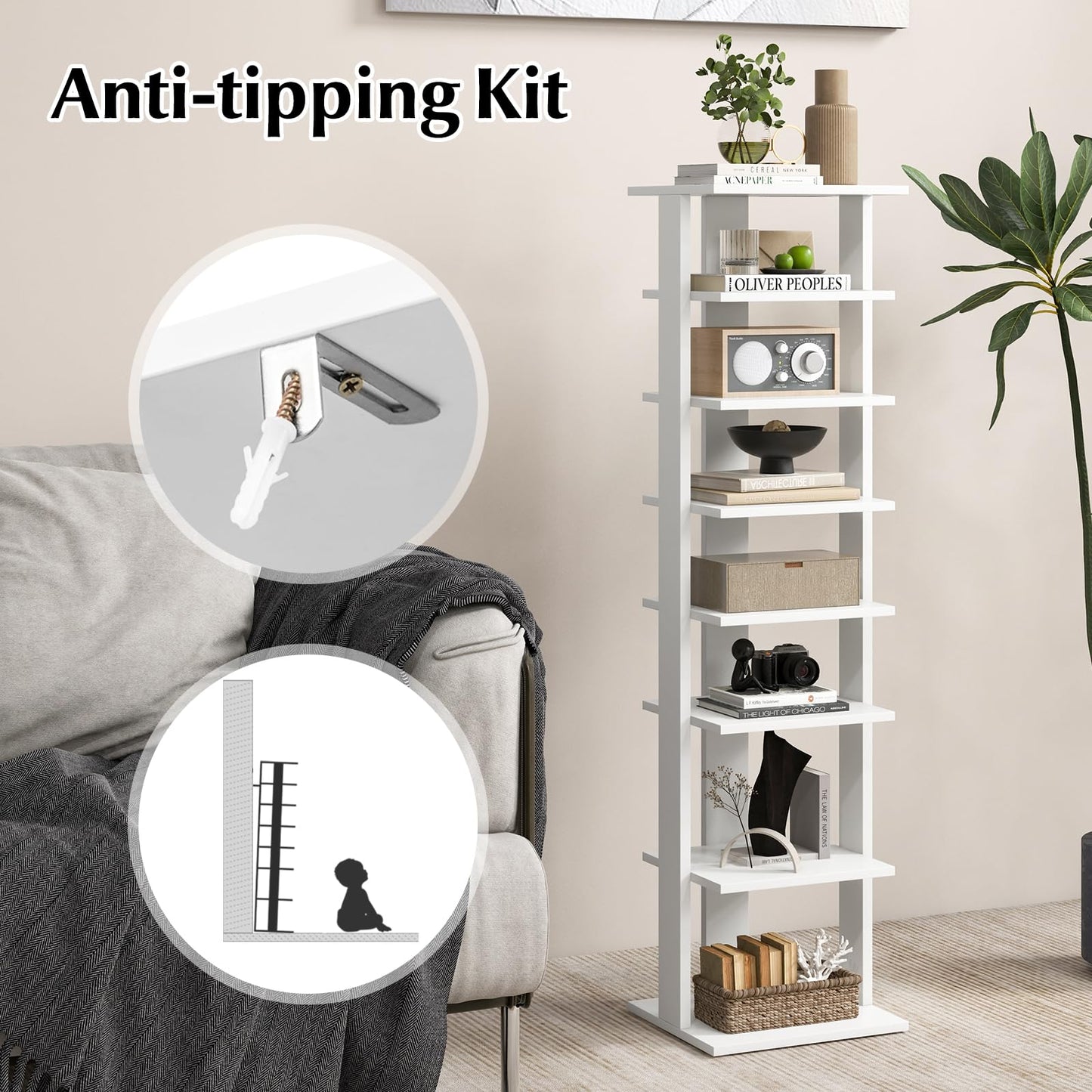 HOMGX 7-Tier Vertical Shoe Rack, Tall Narrow Shoe Storage with Removable Shelves, Space Saving Shoe Tower Organizer, Free Standing Corner Shoe Rack for Entryway, Bedroom, Living Room (White)