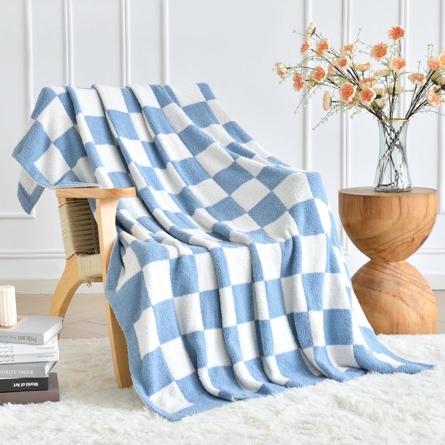 Skiennix Checkered Knitted Throw Blanket - Cozy Fluffy Plaid Design for Couch & Bed | Lightweight 50"x60" Blue