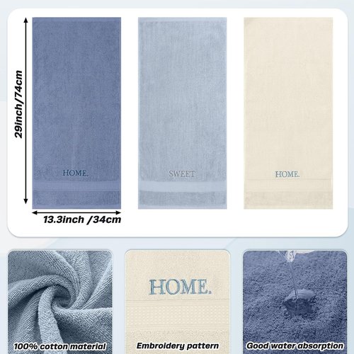 FuWeave Hand Towels Set - Rustic Embroidered Cotton for Bathroom & Kitchen | 3 Pcs Blue Home Sweet Home Decor