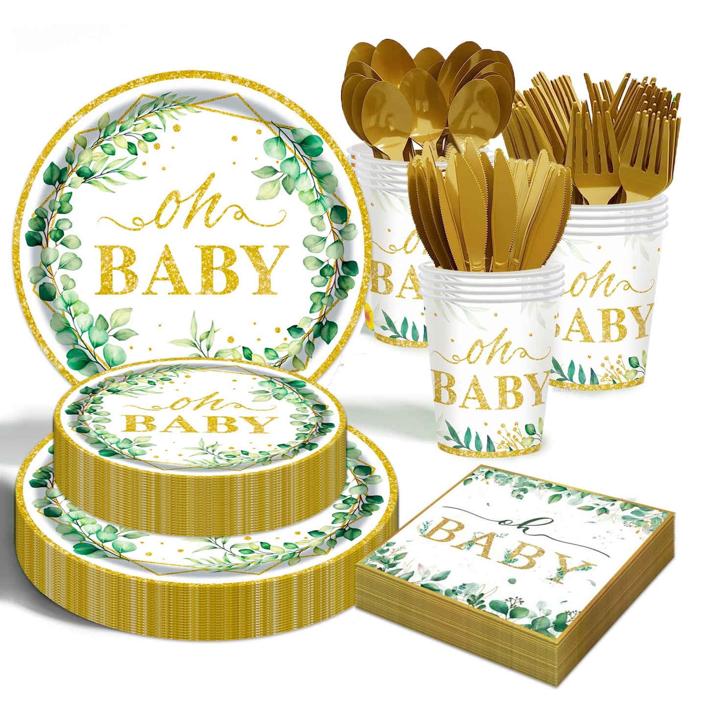 Sage Greenery Baby Shower Plates and Napkins Tableware Set - 175pcs Gender Neutral Baby Shower Decorations Oh Baby Party Supplies, Disposable Paper Plates Napkins for Baby Girl Boy Shower Decorations